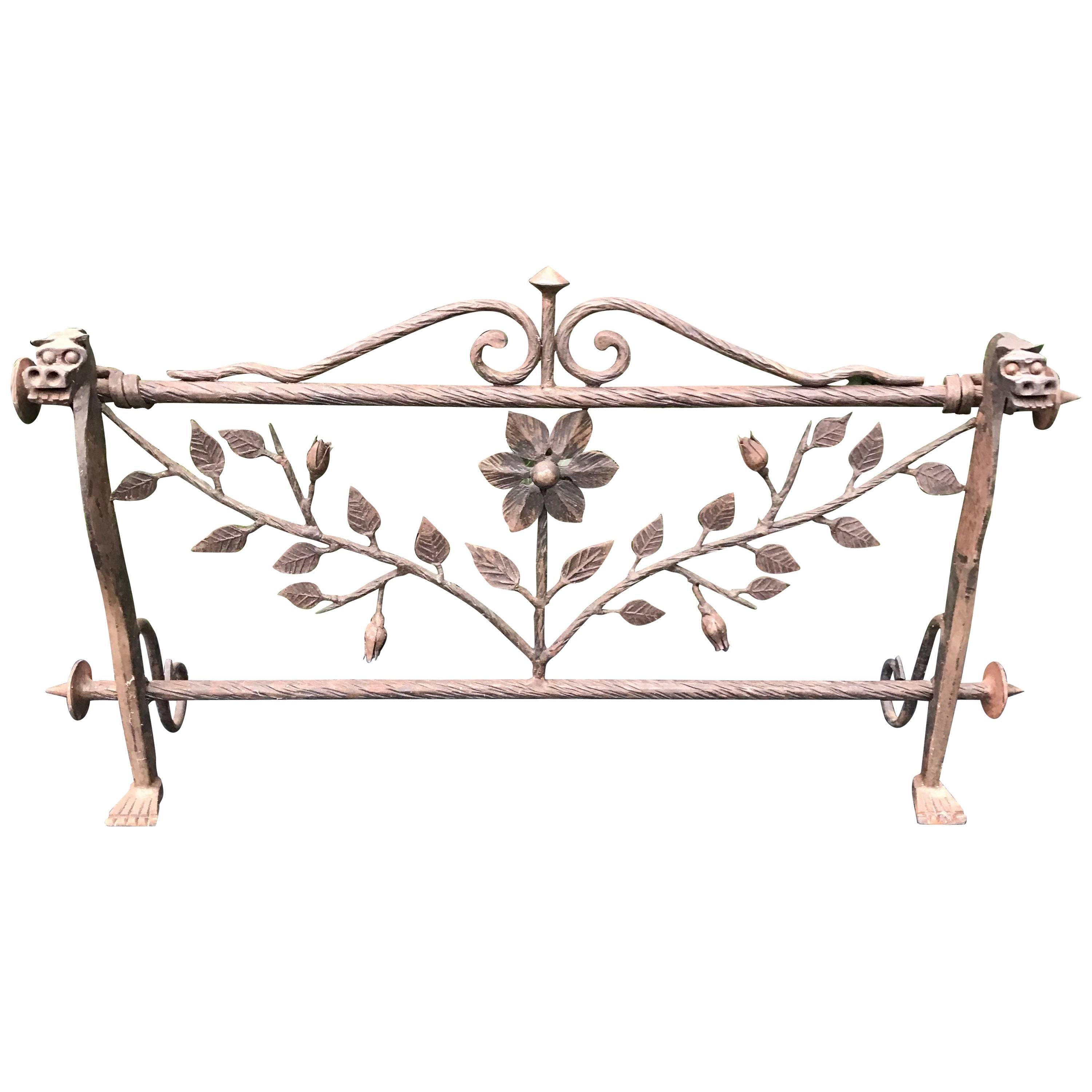 Early 1900 Forged in Fire Wrought Iron Fireplace Screen or Rack with Dragons