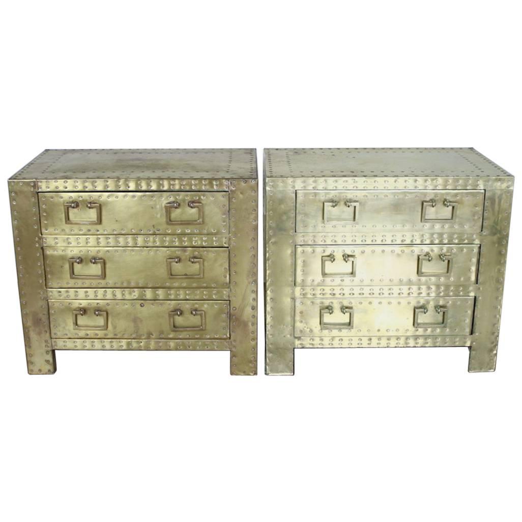 Pair of Sarreid Ltd. Studded Brass Chests For Sale