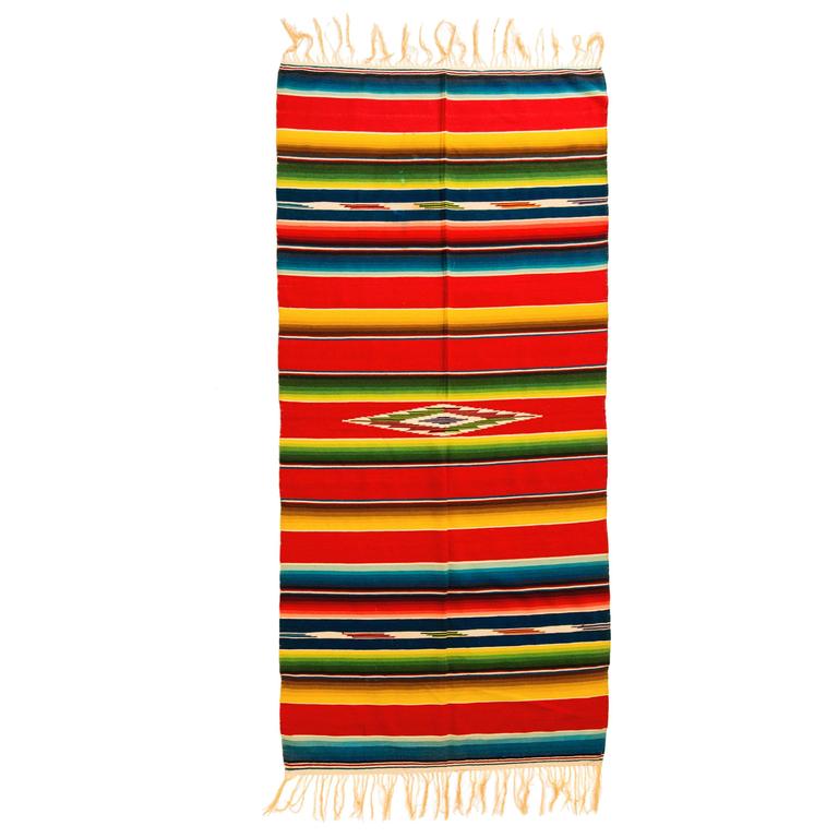 Vintage Saltillo Mexican Multicolored Stripe Wool Serape Blanket For