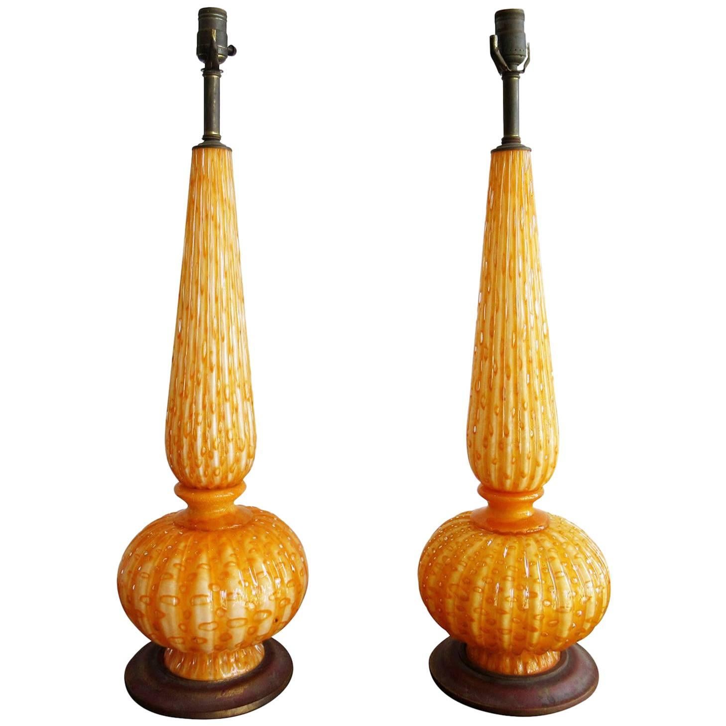 Pair of Orange Murano Glass Lamps