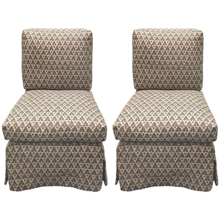 Pair of Billy Baldwin–style Quadrille-upholstered slipper chairs by Donghia, 1980s
