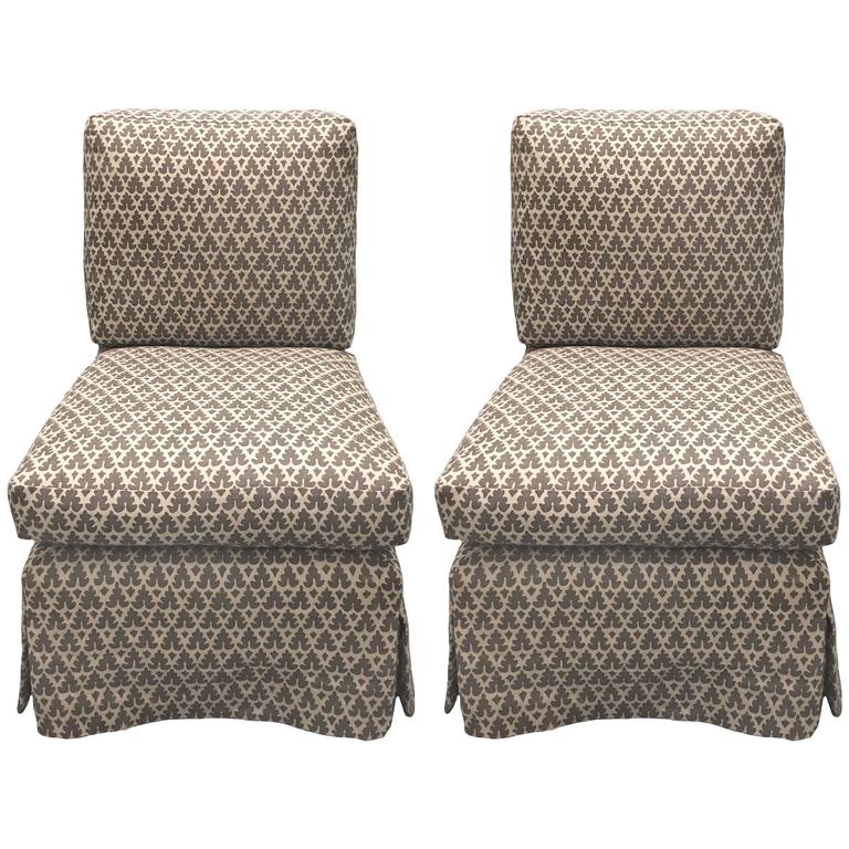 Pair of Billy Baldwin–style Quadrille-upholstered slipper chairs by Donghia, 1980s