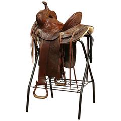 Vintage Tooled Leather Horse Saddle on Stand from Hamley & Co Pendleton Ore