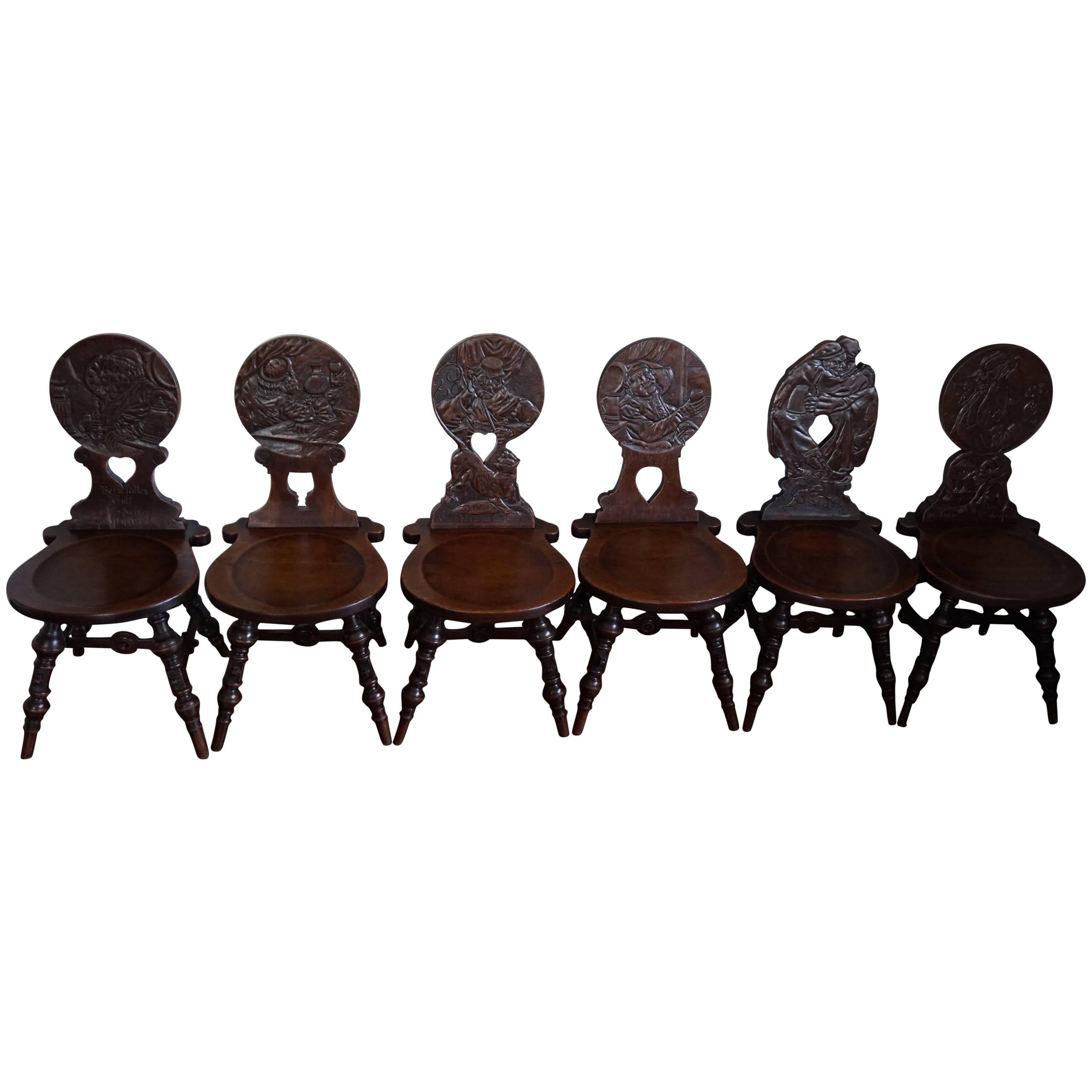 Six Antique & Hand-Carved German Tavern / Drinking Chairs with Aphorisms Sayings