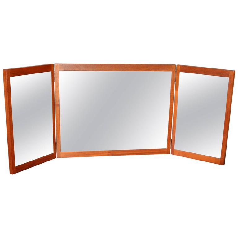 Teak TriFold Vanity, Dresser or Wall Mirror by Aksel Kjersgaard For