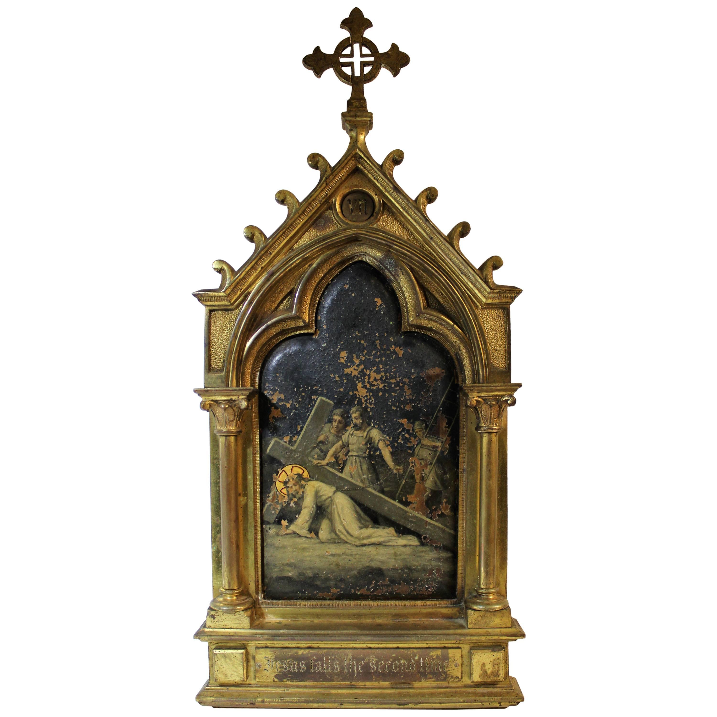 Peinture religieuse à l'huile sur cuivre dans un cadre en bronze doré en vente