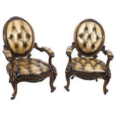 Antique Pair of English Victorian Walnut and Leather Armchairs, circa 1870