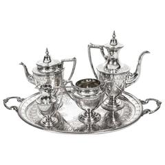 Service à thé et café et plateau en argent ancien à cinq pièces Martin Hall:: 1874