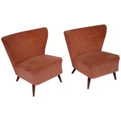 French 1960s Pair of Peach Color Velvet Low Chairs without Arms