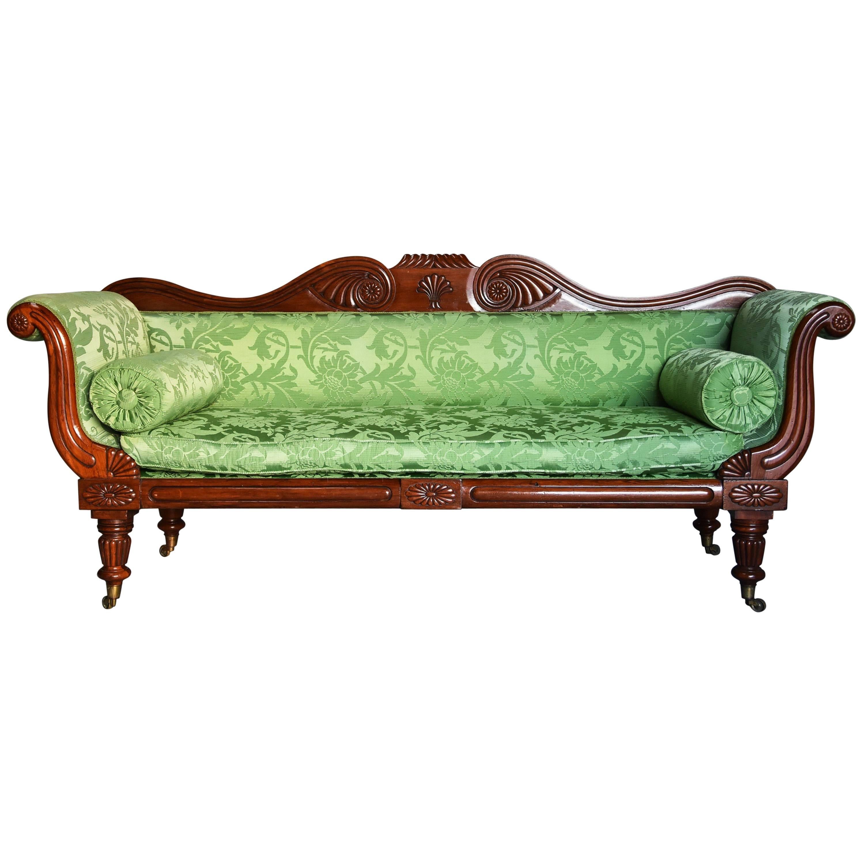 Late Regency Scroll End Mahogany Sofa with green silk upholstery For Sale