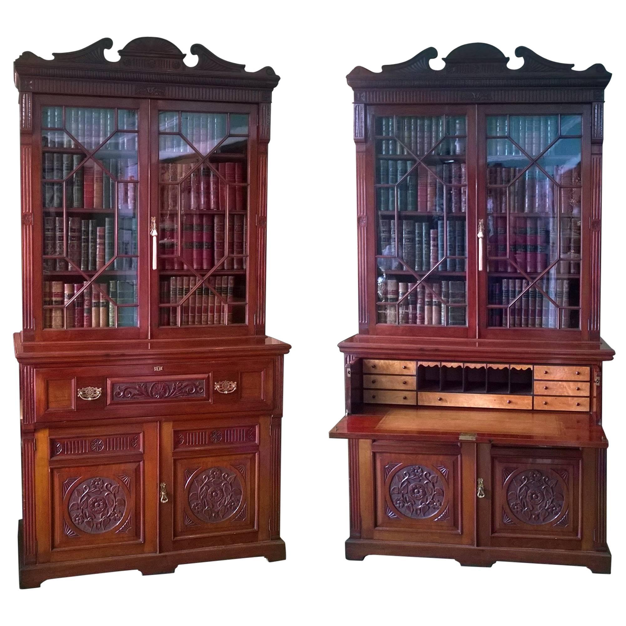 Pair of Late 19th Century Walnut Secretaire Cupboard Bookcases