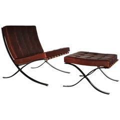 Knoll Studio "Barcelona" Lounge Chair & Ottoman" Suite in Brown "Saddle" Leather