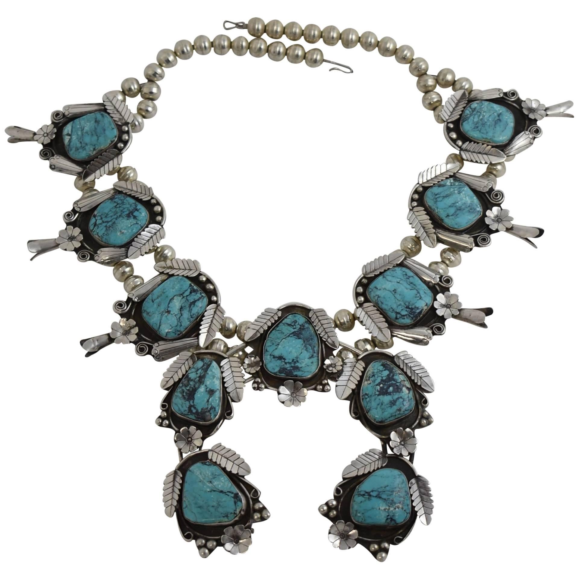 Vintage Oversize Silver and Turquoise Squash Blossom Necklace JG Marked