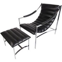 Italian Modern Chrome and Vinyl Lounge Chair with Ottoman, attr. Otto Gerdau