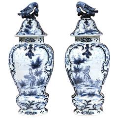 Pair of 19th Century Blue and White Hand-Painted Delft Vases with Lid