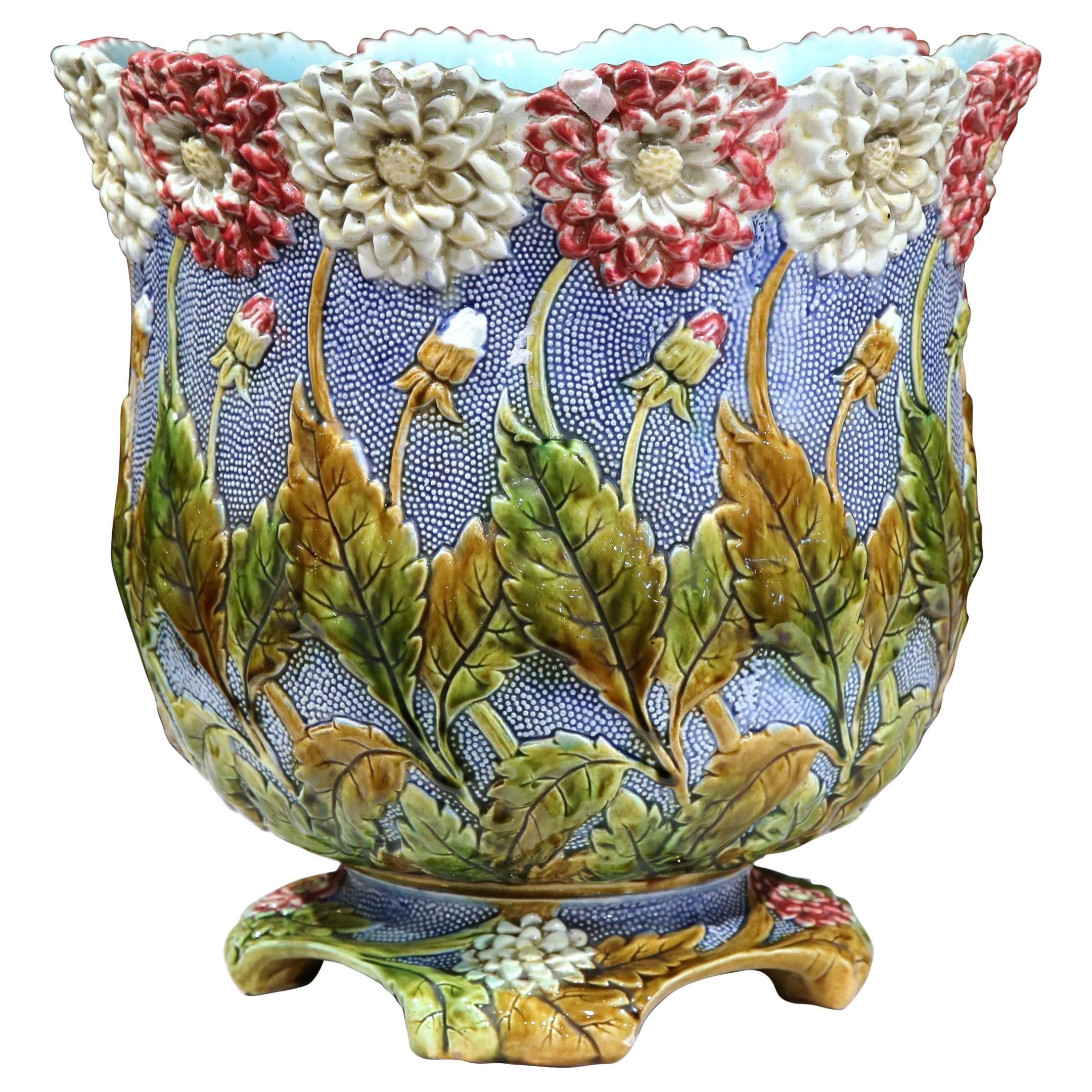 Large 19th Century French Hand-Painted Round Barbotine Cache Pot with Flowers