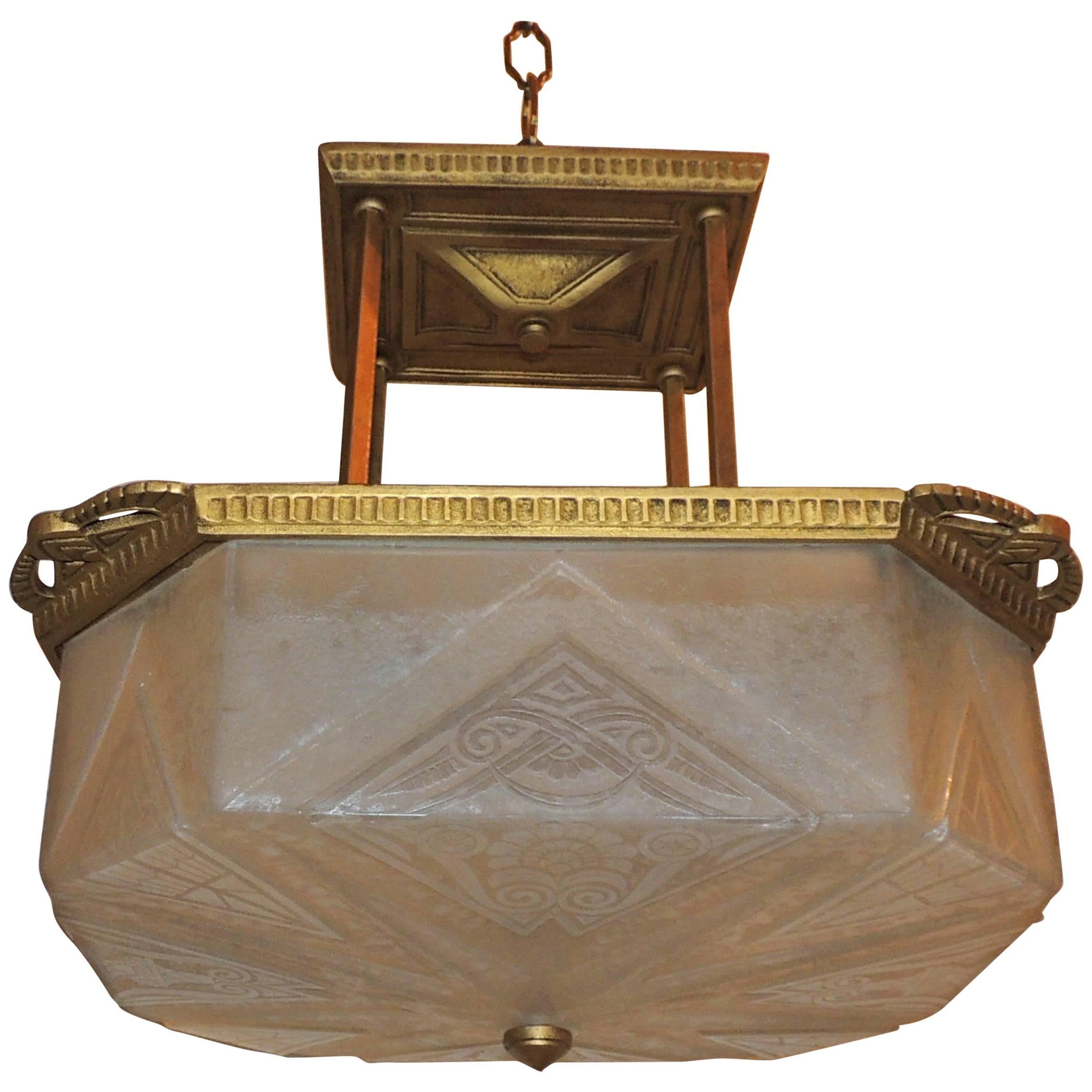 Wonderful Art Deco Lightolier Bronze Frosted Glass Pendent Chandelier Fixture