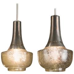 Pair of Mid-Century Modern Nickel and Seeded Glass Pendants