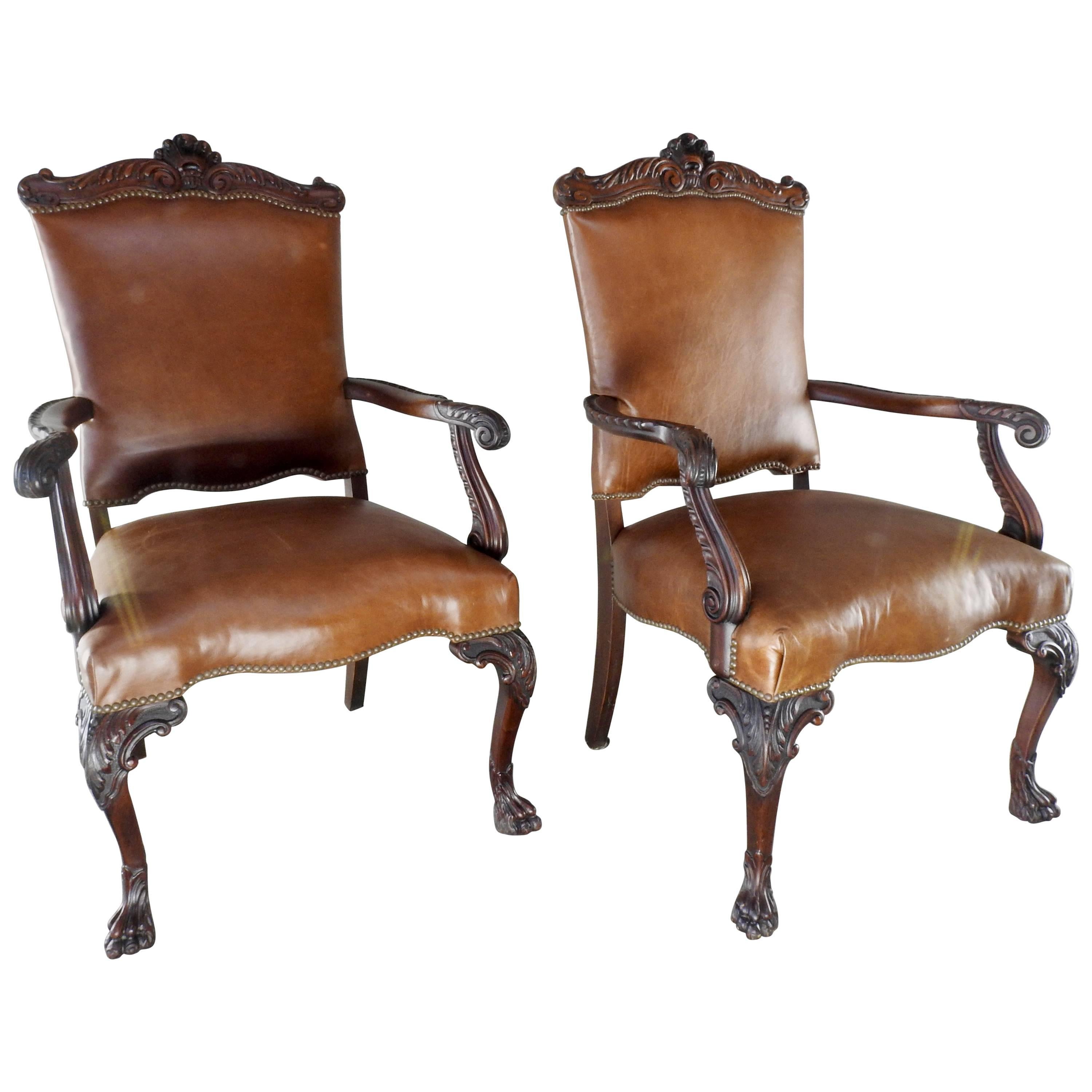 19th Century Walnut and Leather Side Chairs Hairy Paw Feet