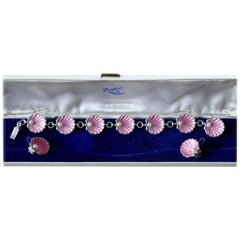 Art Deco Dainty Silver, Pink Enamel Shell & Pearl Bracelet with Earrings, Boxed