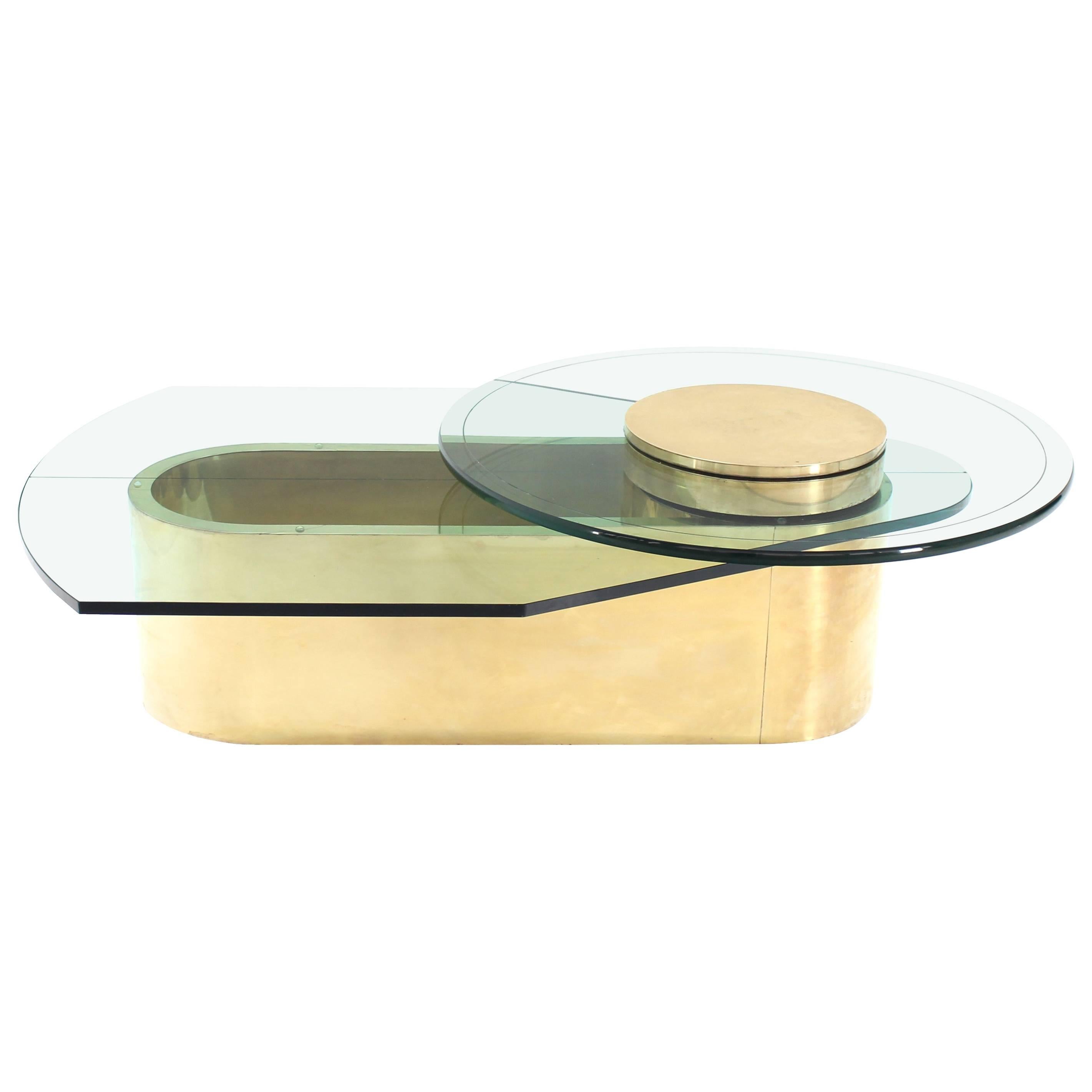 Brass Glass Brass Two-Tier Round to Oval Lazy Susan Coffee Table Mid-Century