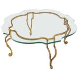 Gilt Wrought Iron Thick Figural Glass Top Round Coffee Table Hollywood Regency