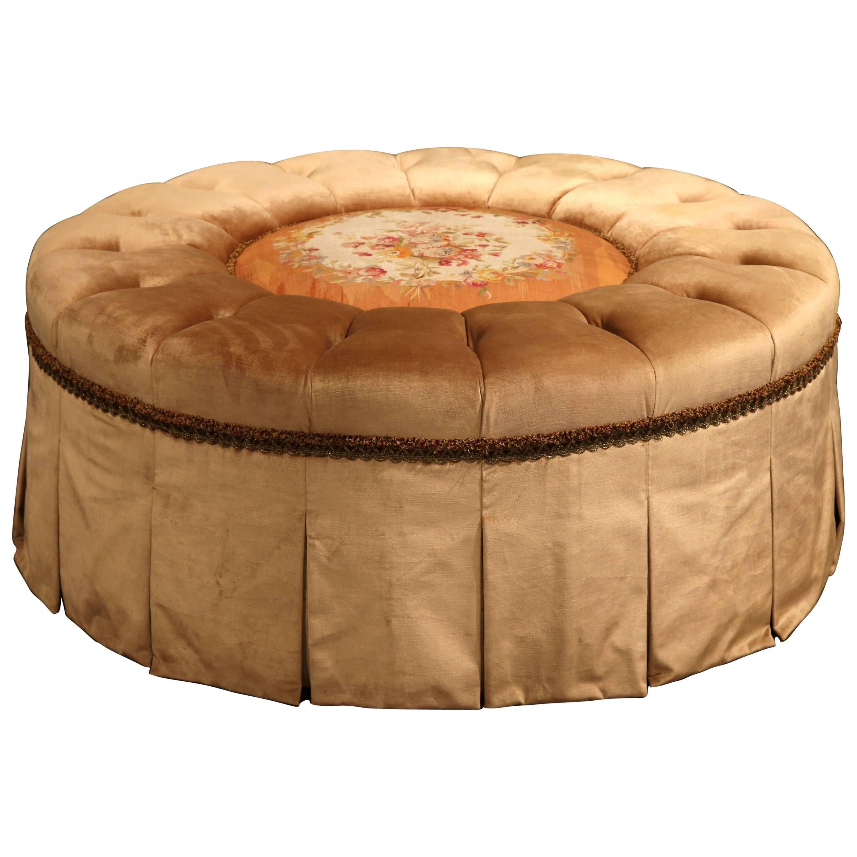 Large French Round Ottoman with 19th Century Centre Floral Aubusson Tapestry