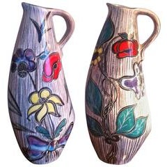 Tall Pair of Ceramic French Pitchers Vases, Mid-Century Modern, Signed Vallauris 1