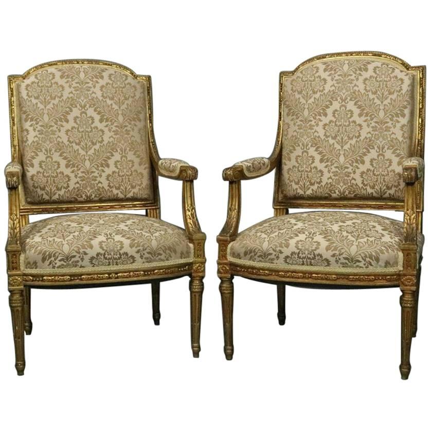 Pair of Antique French Upholstered Gold Gilt Louis XVI Armchairs a La Reine