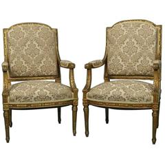 Pair of Antique French Upholstered Gold Gilt Louis XVI Armchairs a La Reine