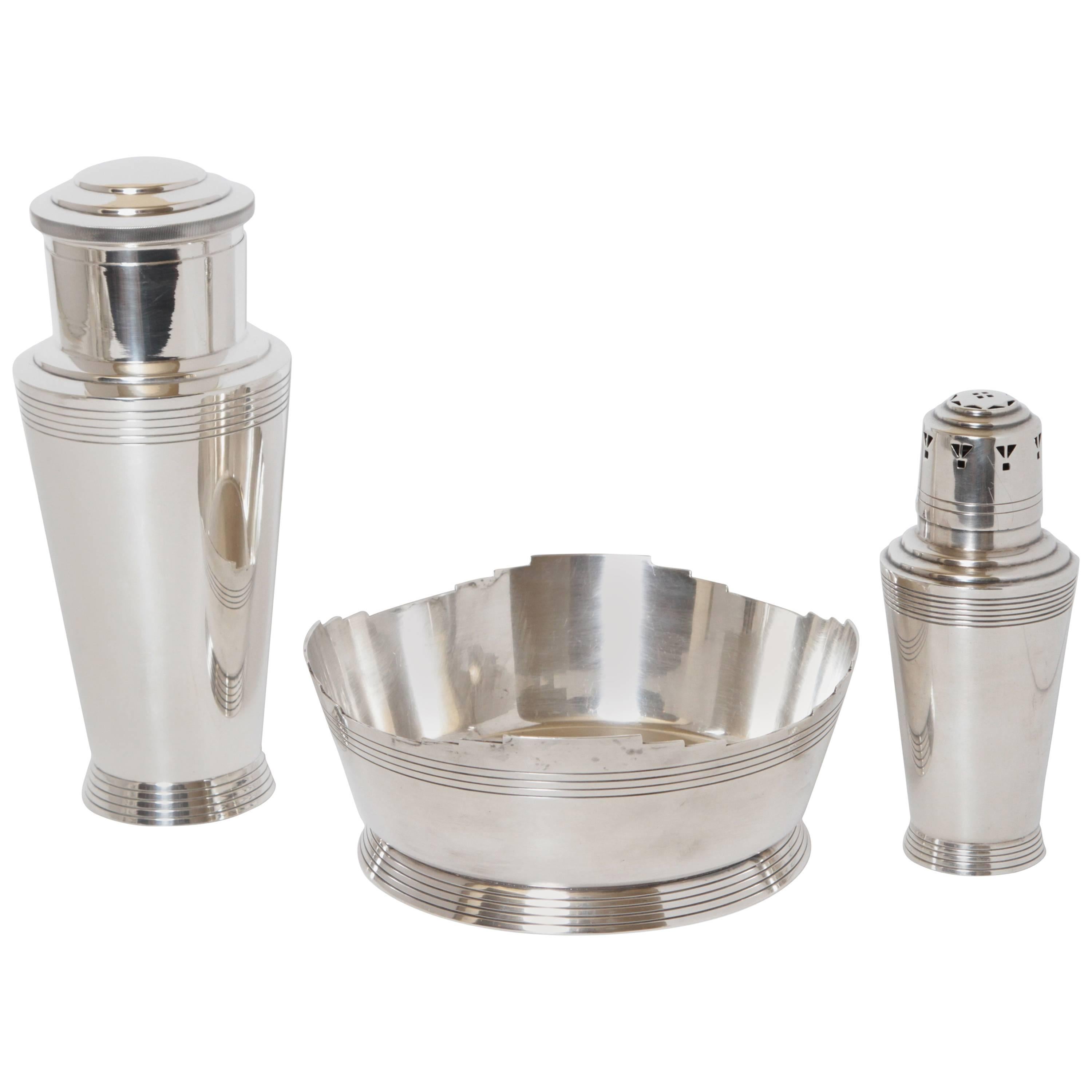 1930s Art Deco Keith Murray Mappin & Webb Silver Plate Bar and Table Ware Trio