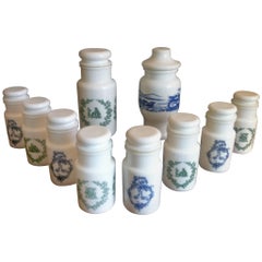 Opaline White Jars Set, 10 Pieces with Green and Blue Ornaments, Italy