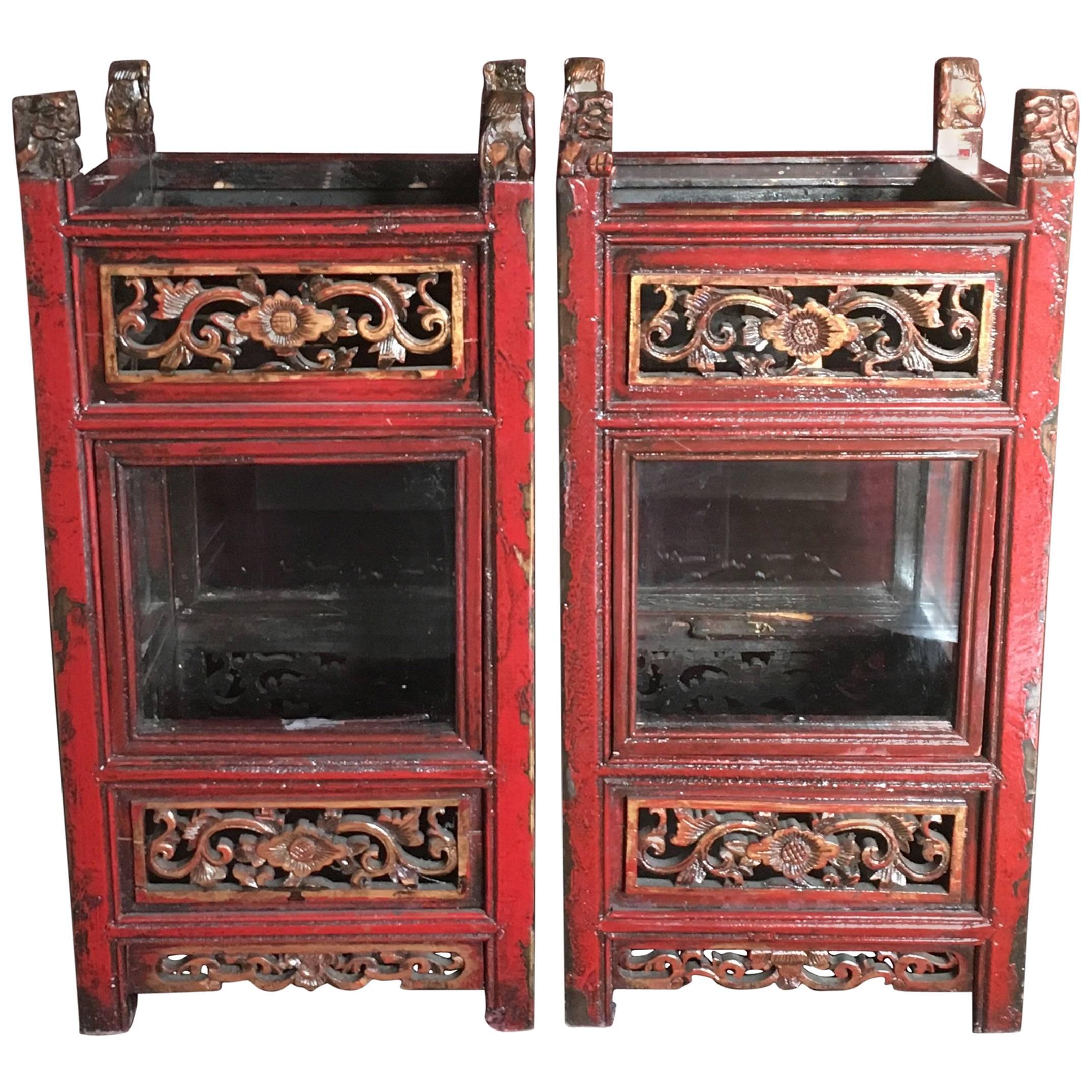 Pair of Vintage Chinese Carved Wooden Glazed Candle Lanterns, circa 1950