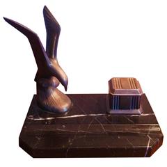 Art Deco French Inkwell in Black and White Marble and Bird Sculpture 10
