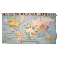 Antique Canvas World Wall Map of St. Paul's Church of Kortrijk, Belgium