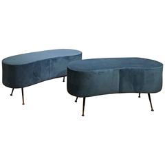 Mid-Century Modern Pair of Curved Lines Benches Covered in Blue Fabric