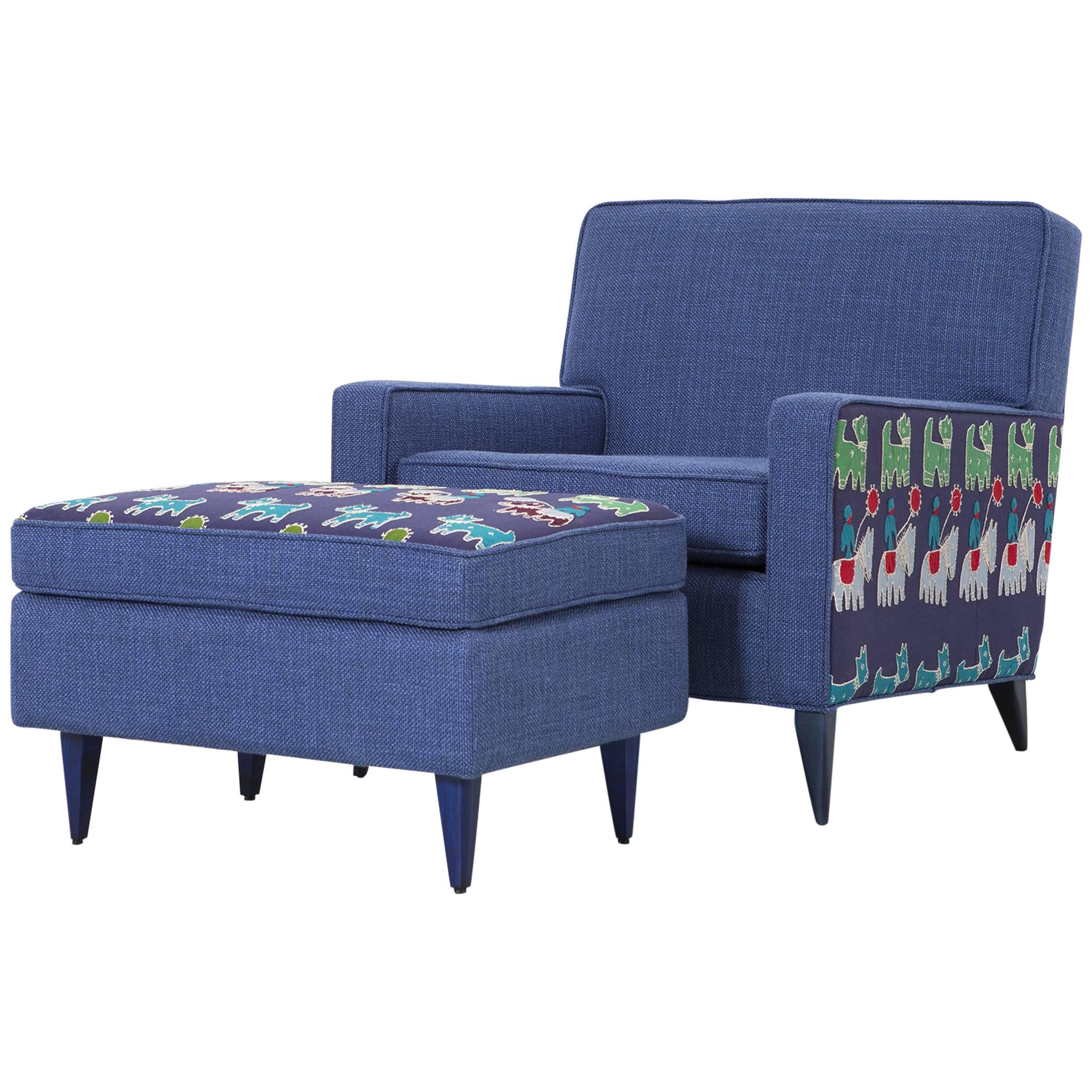 McCobb Chair and Ottoman Reupholstered in Maharam Cotton + 1940s Indian Cloth For Sale