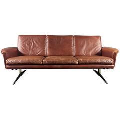 Scandinavian Brown Leather and Steel Sofa, Attributed to Fredrik Kayser, 1970