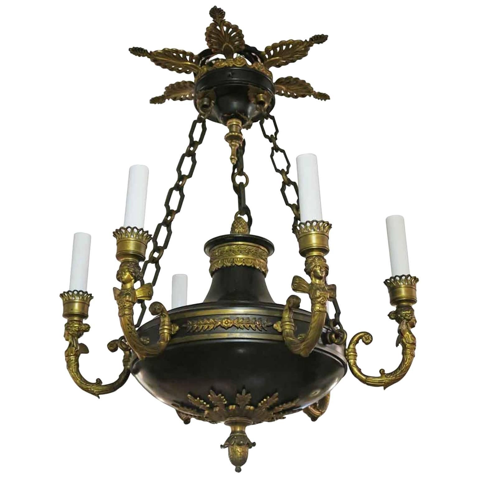 1900s French Empire Style Six-Light Gilt Bronze Chandelier with Angels and Acorn