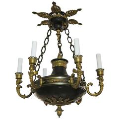 1900s French Empire Style Six-Light Gilt Bronze Chandelier with Angels and Acorn