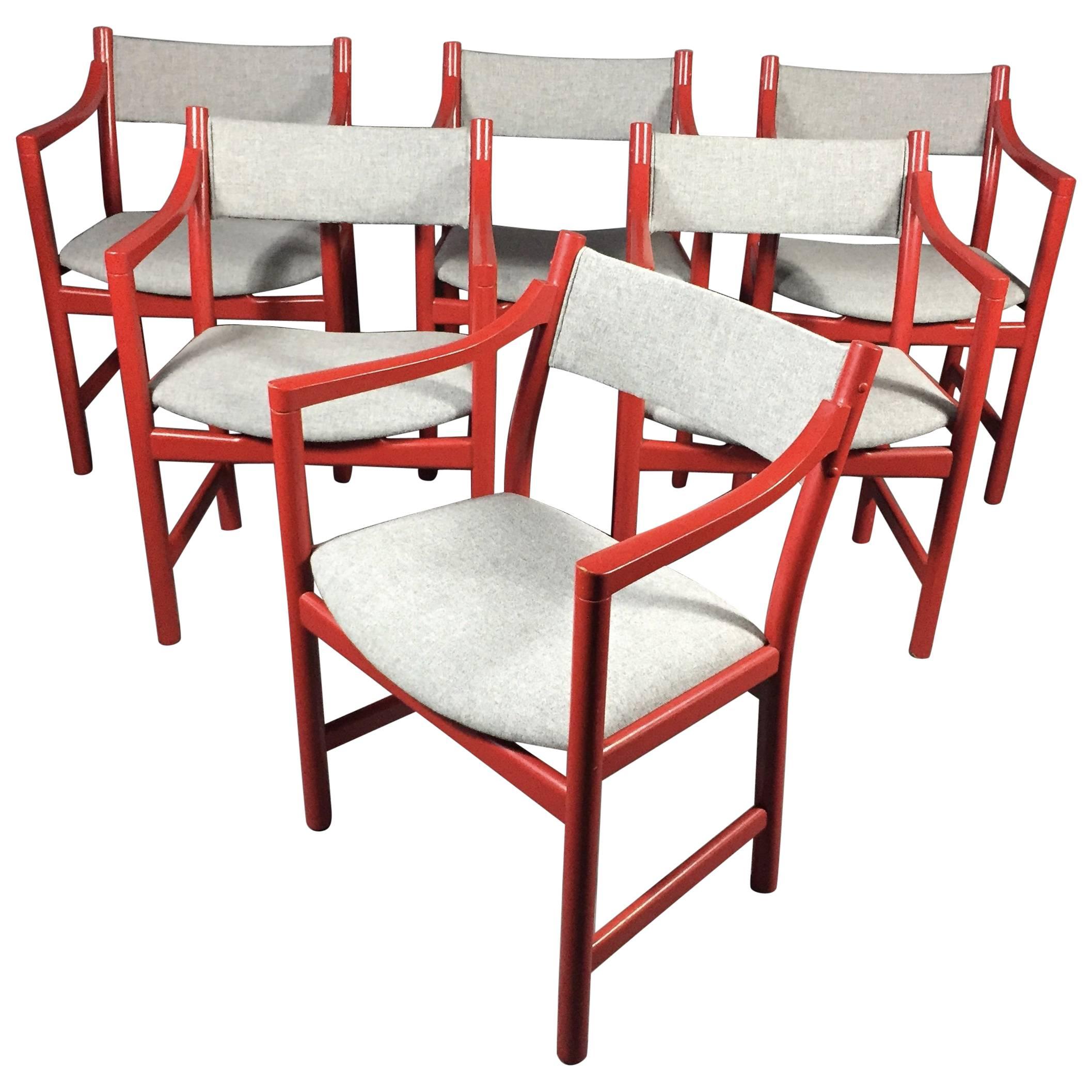 Hans J. Wegner Red Lacquered CH50 Dining Chairs, Denmark, 1965