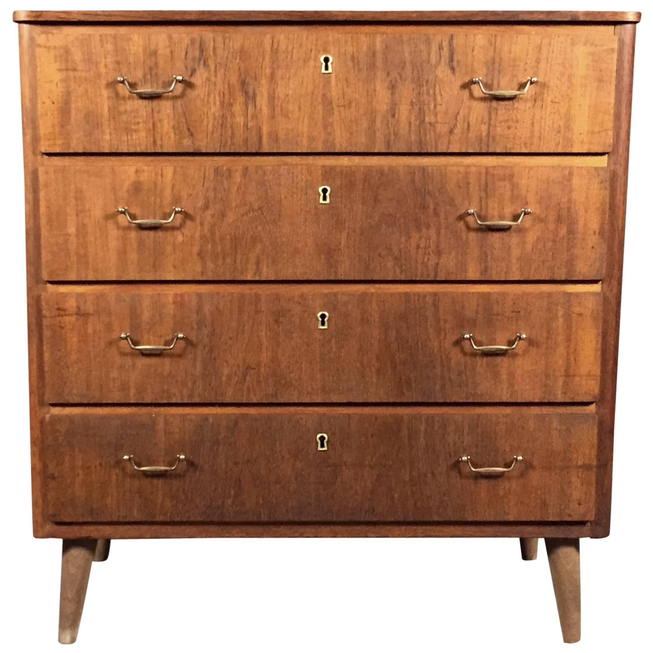 Swedish Veneered Wood and Brass Four-Drawer Chest, 1950s