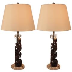 Pair of 19th Century Carved Rosewood Table Lamps