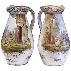 Pair of 19th Century, French, Hand-Painted Faience Wine Pitchers with Scenes 9