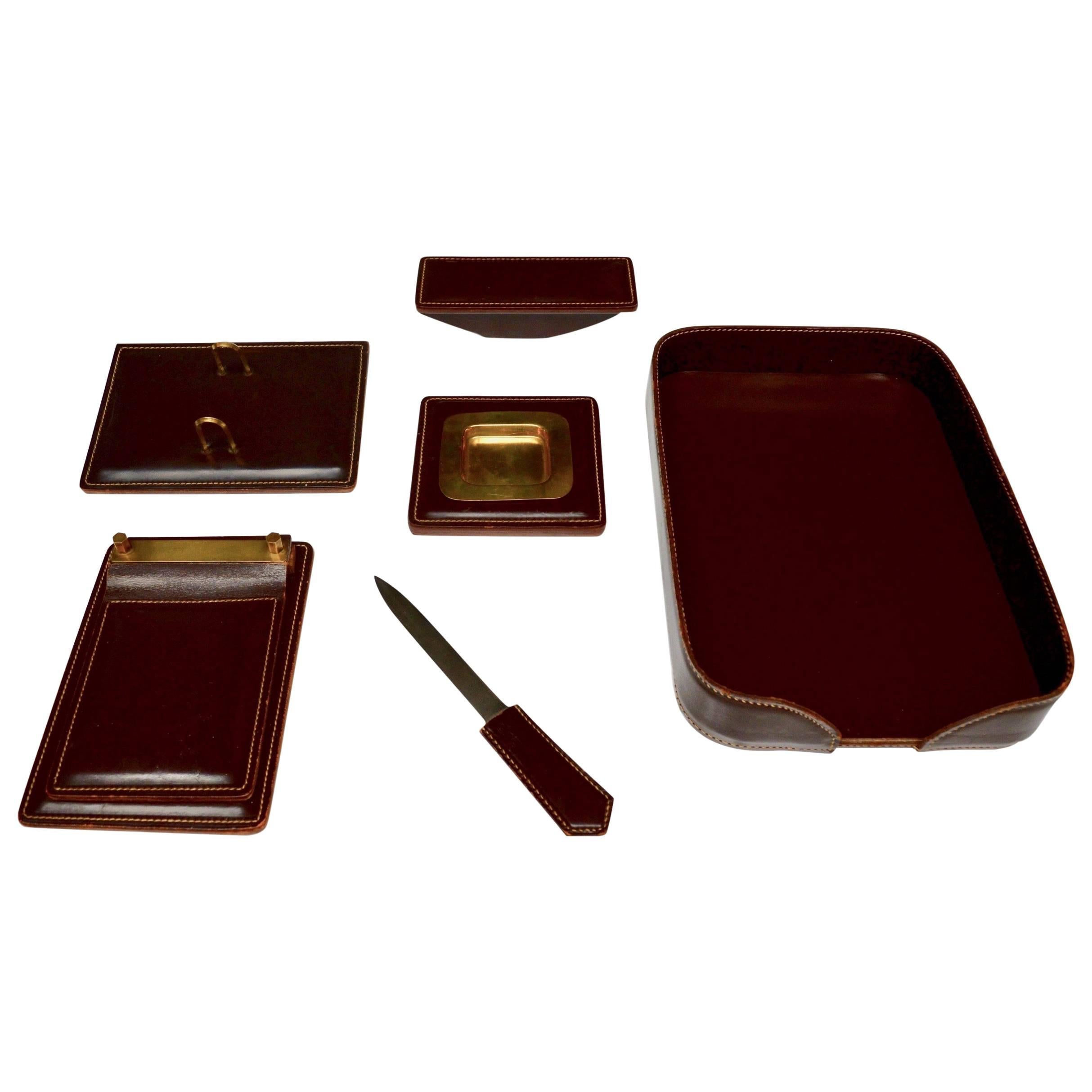 French Leather Desk Set in the Style of Jacques Adnet