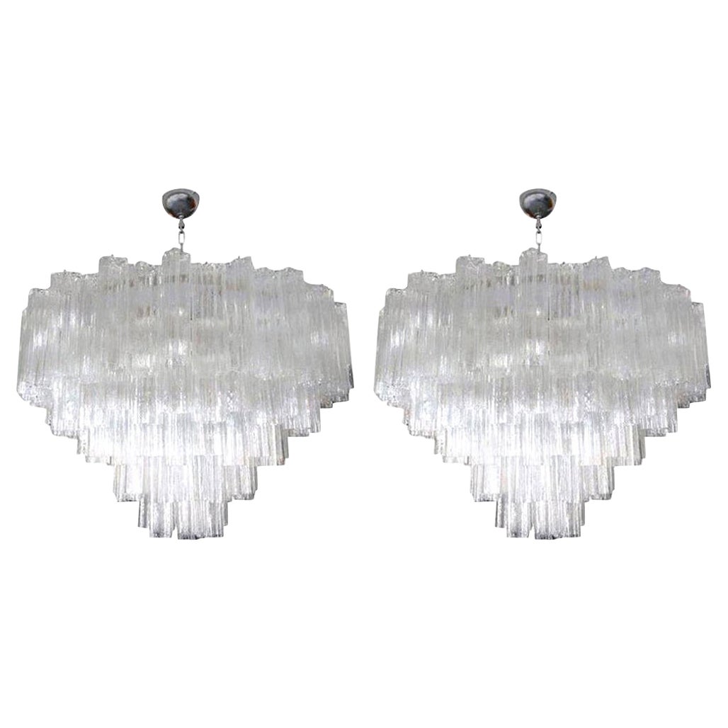 Pair of Tiered Clear Murano Glass Mazzega Chandeliers, 1970s For Sale