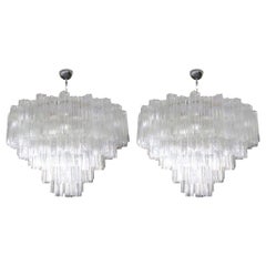 Pair of Tiered Clear Murano Glass Mazzega Chandeliers, 1970s