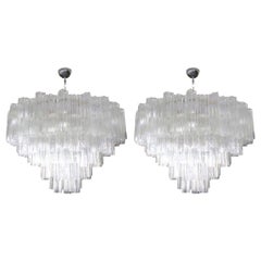 Vintage Pair of Tiered Clear Murano Glass Mazzega Chandeliers, 1970s