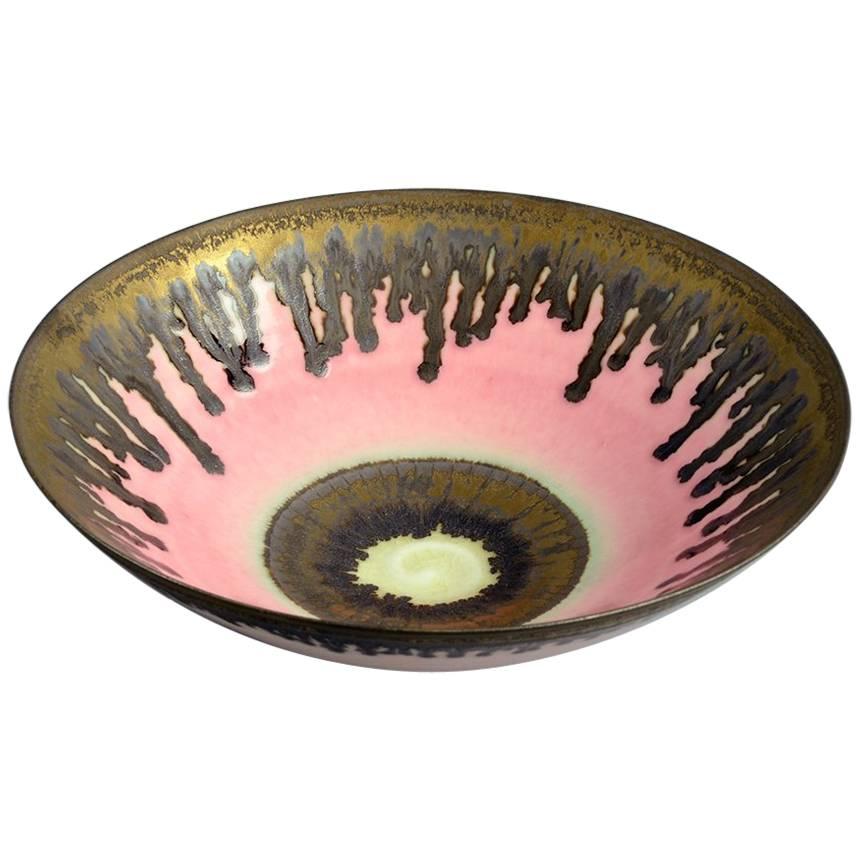 Porcelain Bowl with Dripping Metallic Glaze by Peter Wills, UK
