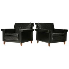 1960s Pair of Black Leather Lounge Chairs, Denmark